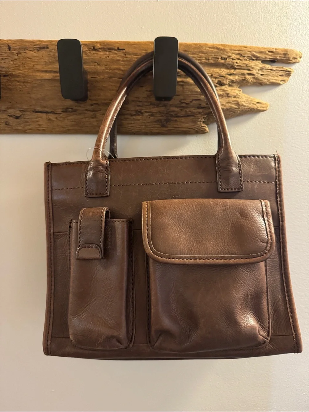 Fossil Brown Leather Tote Bag with Pockets, small carry handles & shoulder strap